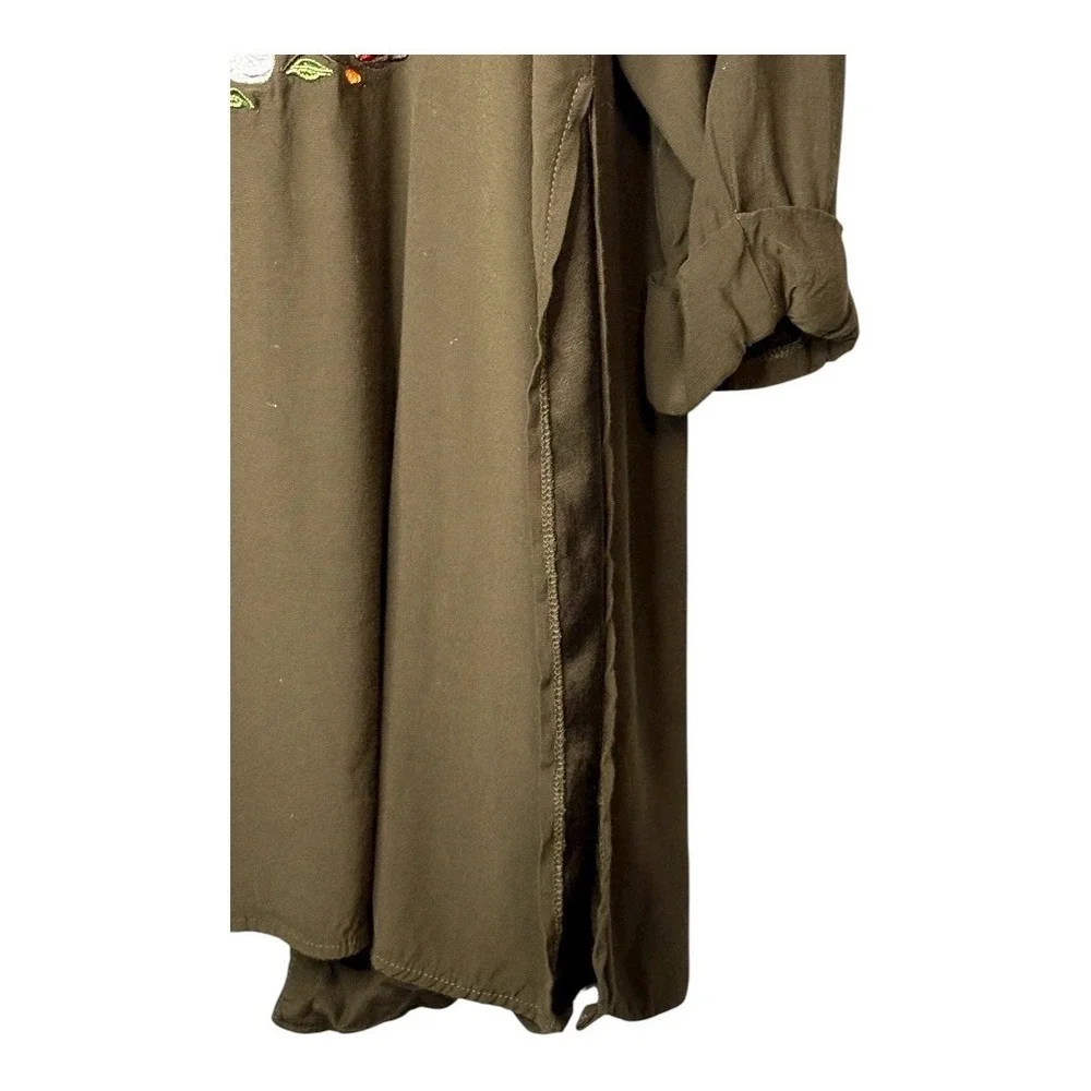 Gibson Latimer Duster Cardigan Womens 1X Olive Green Floral Embroidered Long‎